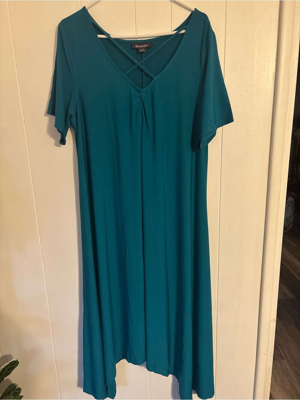 Roaman's Teal V-Neck Midi Dress with Crisscross Detail